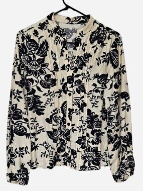 Lovesoft black floral print on cream button up shirt v-neck Women's Small NEW